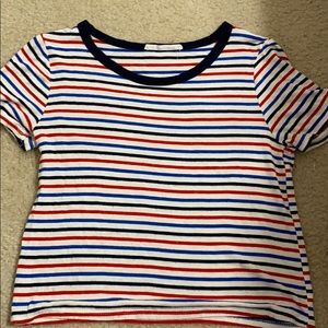 blue, red, and white stretchy shirt
